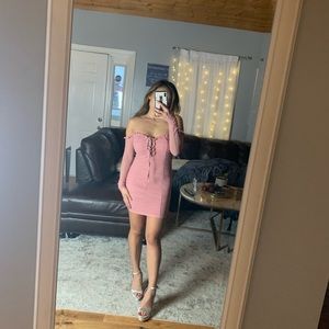 Blush off the shoulder lace-up dress